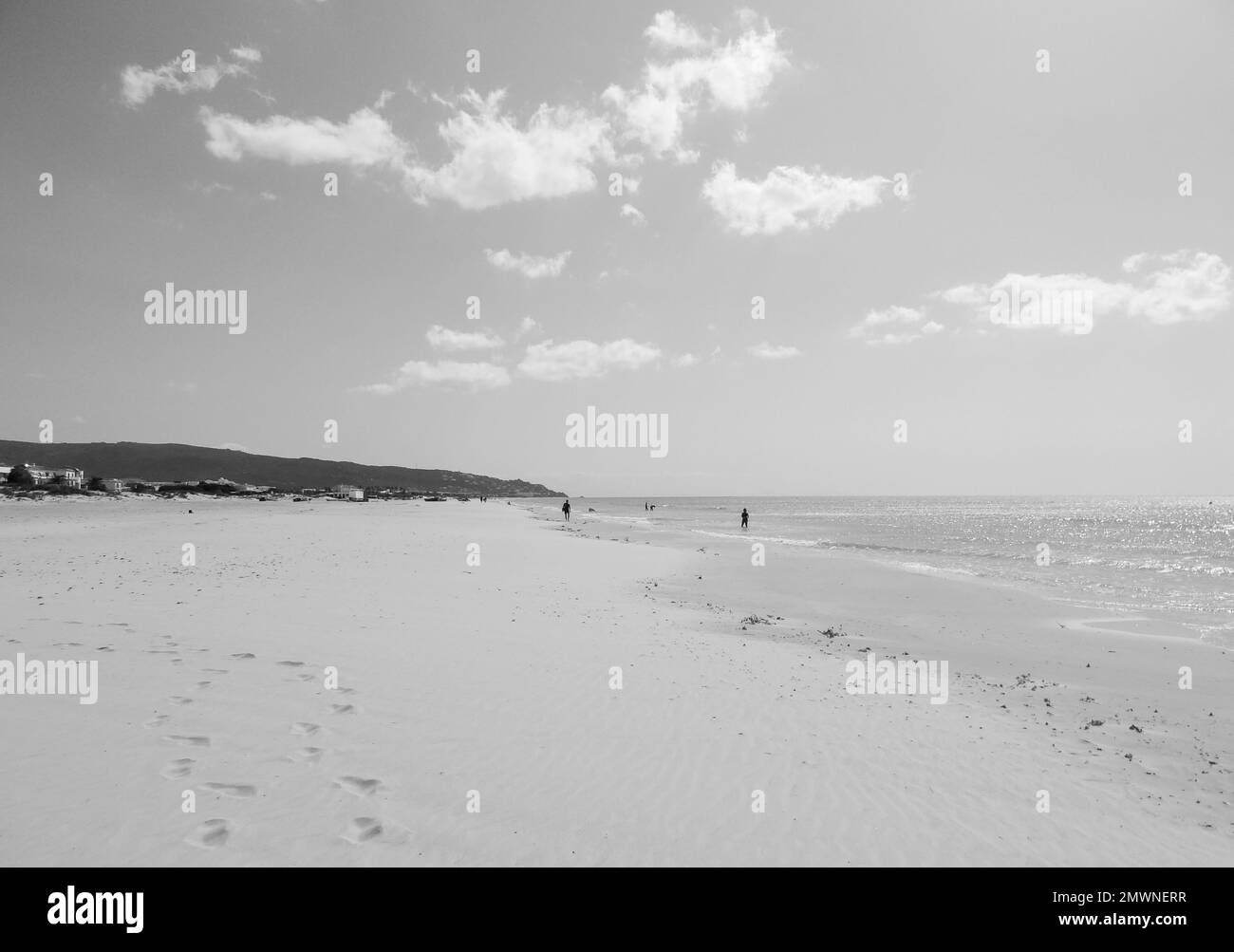 Une plage de sable, d'été avec des touristes, niveaux de gris Banque D'Images