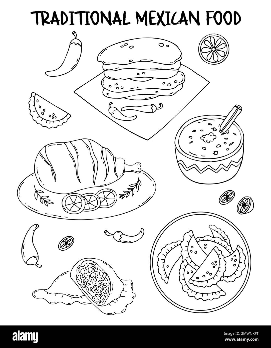 Collection de plats traditionnels latino-américains. Cuisine mexicaine Empanadas, tortillas de maïs, viande grillée et pudding de riz au bâton de cannelle. Vét. Isolée Illustration de Vecteur