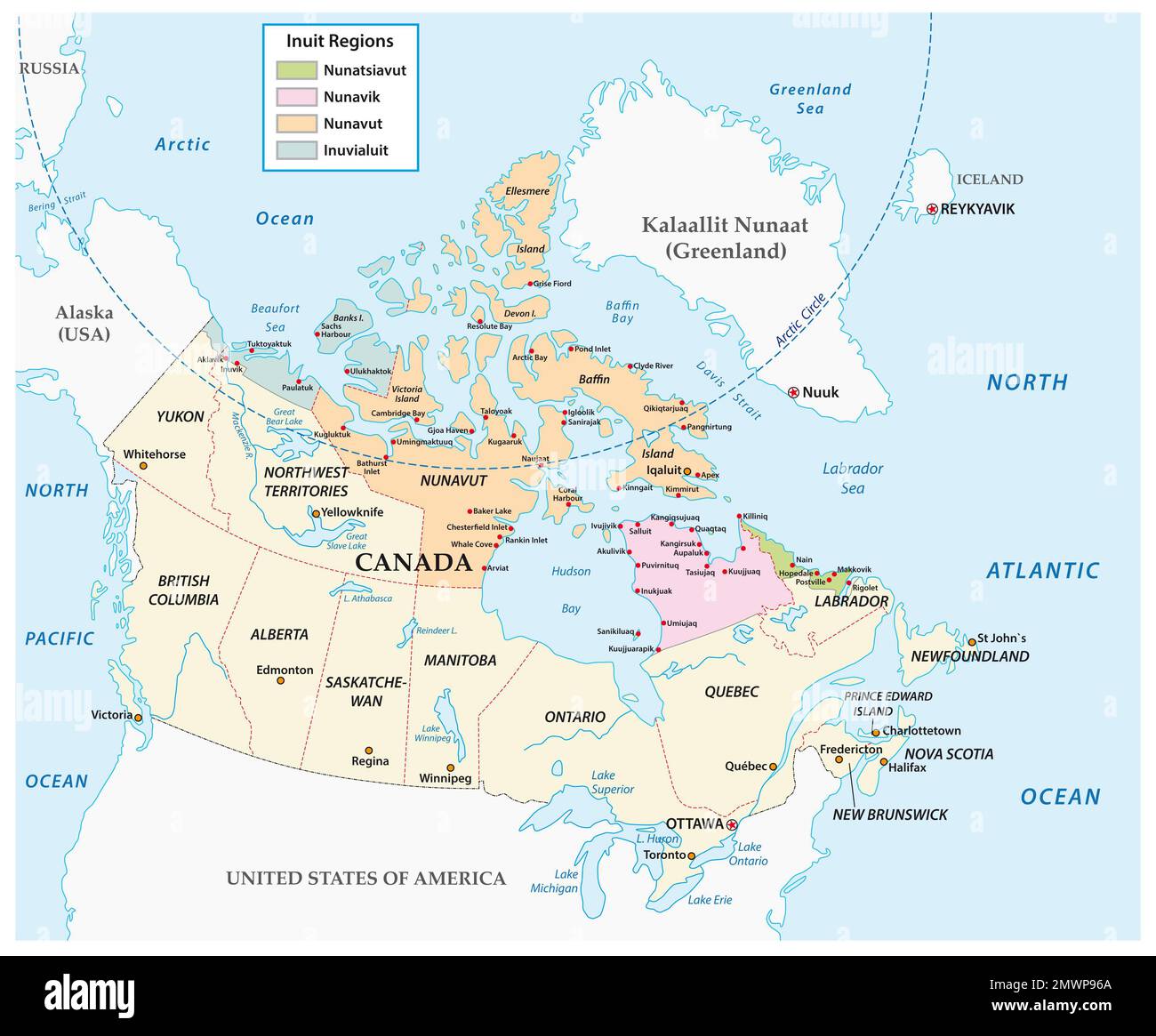 Carte vectorielle des communautés inuites du Nord du Canada Banque D'Images
