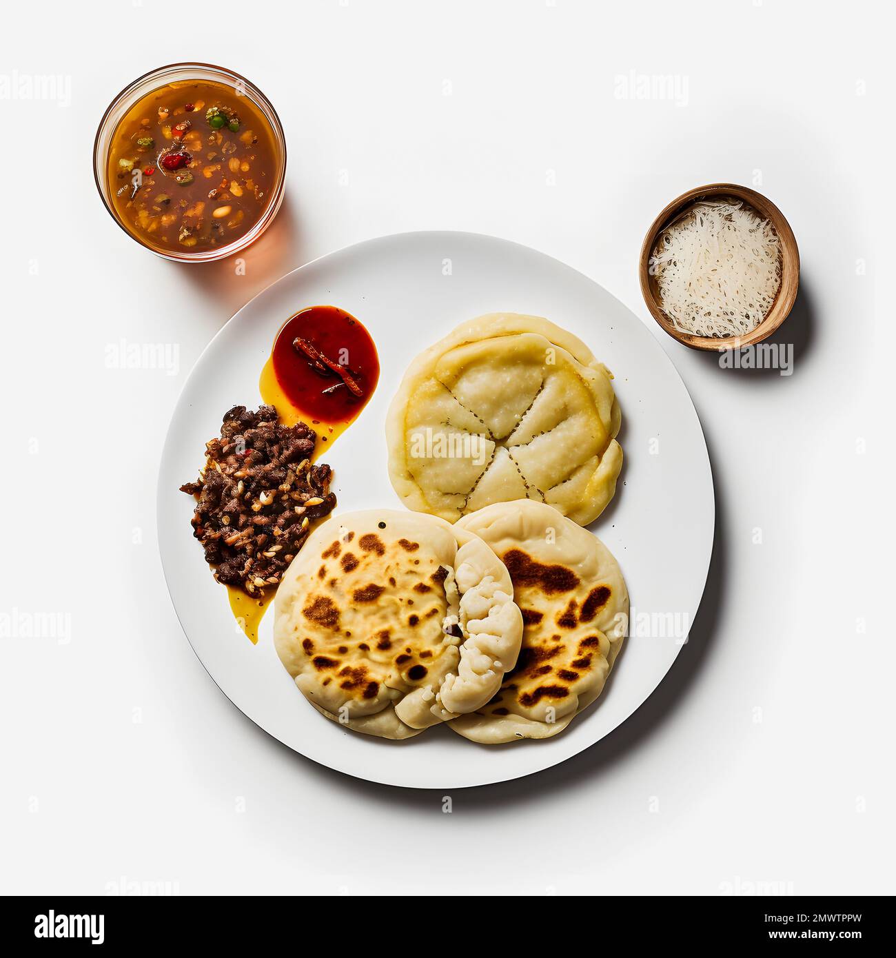 Pupuses sur la photographie alimentaire de fond blanc. Des images de haute qualité capturent les saveurs et les textures traditionnelles de ce célèbre repas de rue dans un cadre moderne Banque D'Images