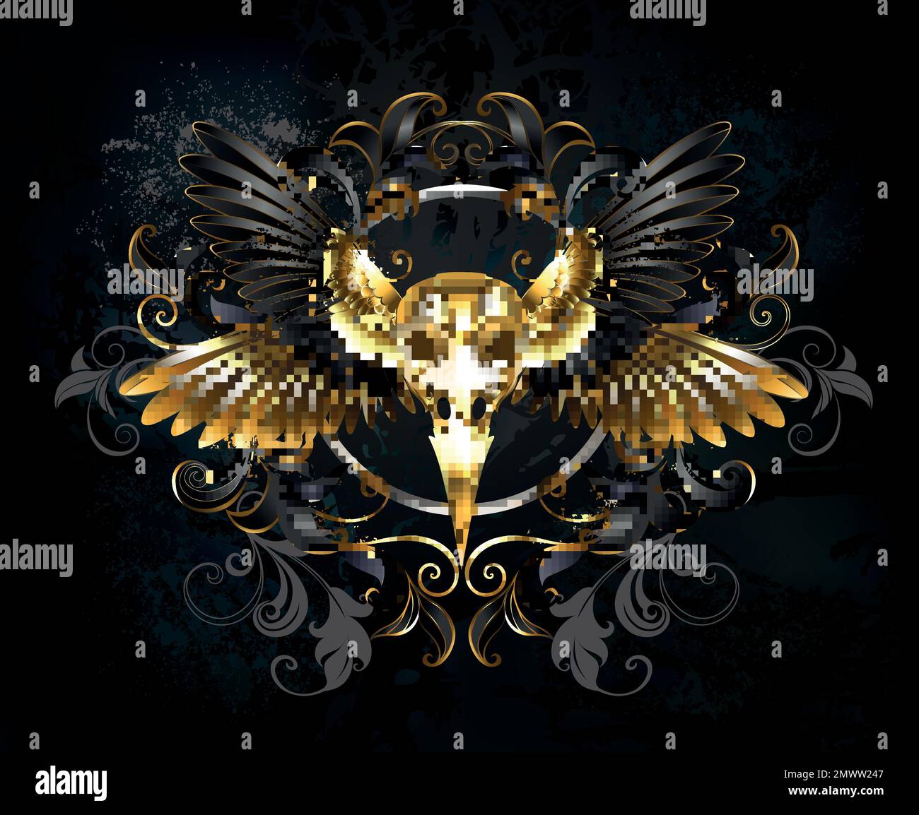 Artistiquement dessiné, symétrique, composition en noir et or, ailes d'oiseau, doré, crâne d'oiseau décoré avec motif doré sur fond sombre texturé Illustration de Vecteur