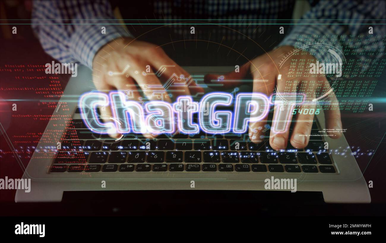 Concept de signe ChatGPT, open ai chat gpt bot et technologie de l'intelligence artificielle. Homme tapant sur le clavier de l'ordinateur 3D illustration. Banque D'Images