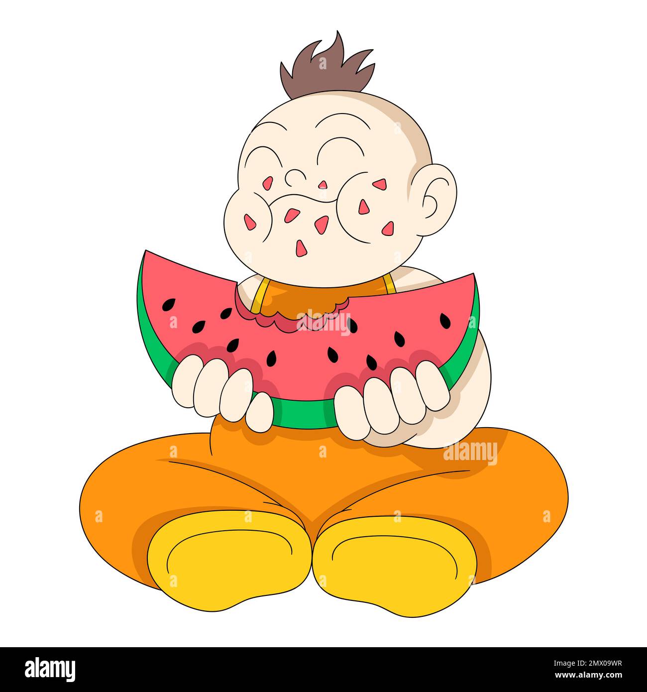 le bébé garçon est assis en mangeant de la pastèque fraîche avec du gusto. illustration de conception vectorielle Illustration de Vecteur