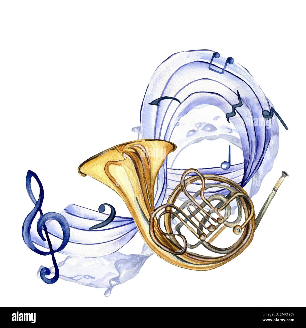 Pince à aigus, notes musicales et illustration d'aquarelle de corne en blanc. Instruments de musique à vent, corne française dessinée à la main. Design pour la circulaire de fête, concer Banque D'Images