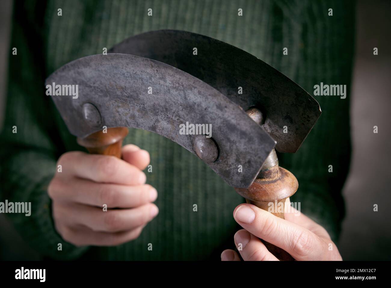 Crop anonyme femelle tenant traditionnel en métal tranchant vieux moyen double lame mezzaluna couteau avec poignées en bois Banque D'Images