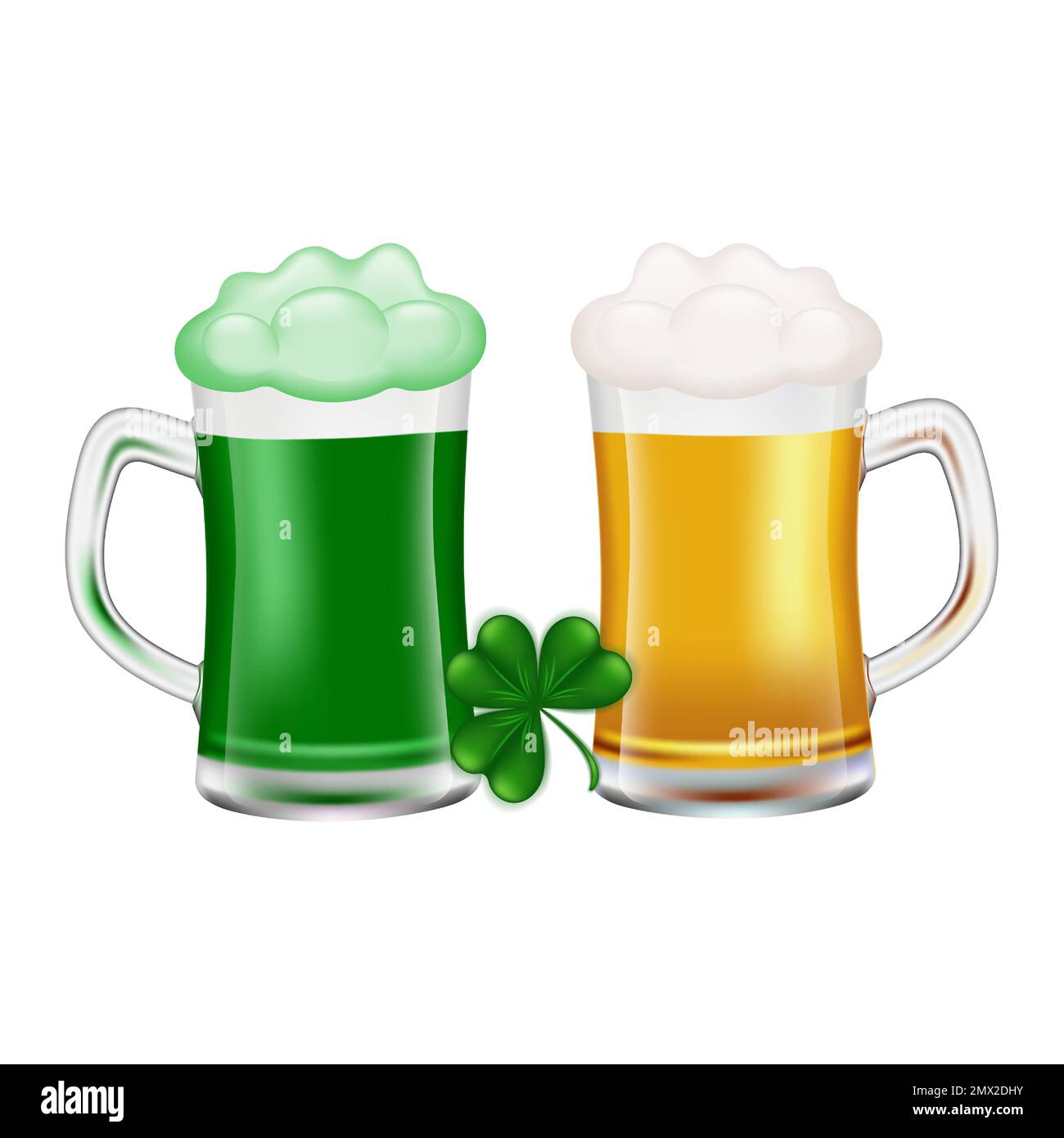 Deux verres avec bière jaune et bière verte avec mousse sur fond blanc. Verres à bière en verre transparent pleins de bière fraîche et de bière. Boisson alcoolisée. Vect Illustration de Vecteur