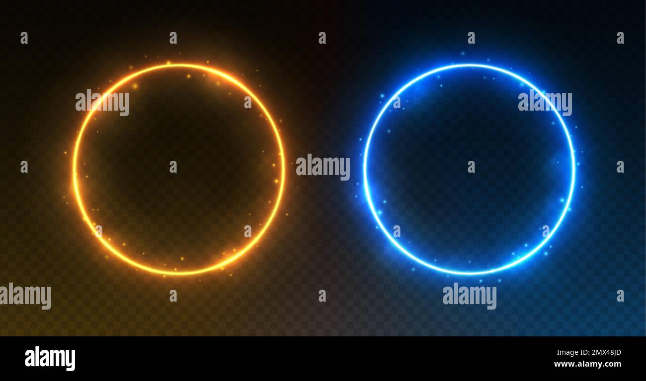 Cadres de cercle de néon, bordures de cercle illuminées avec de la fumée et des étincelles, glace et portails de feu concep Illustration de Vecteur