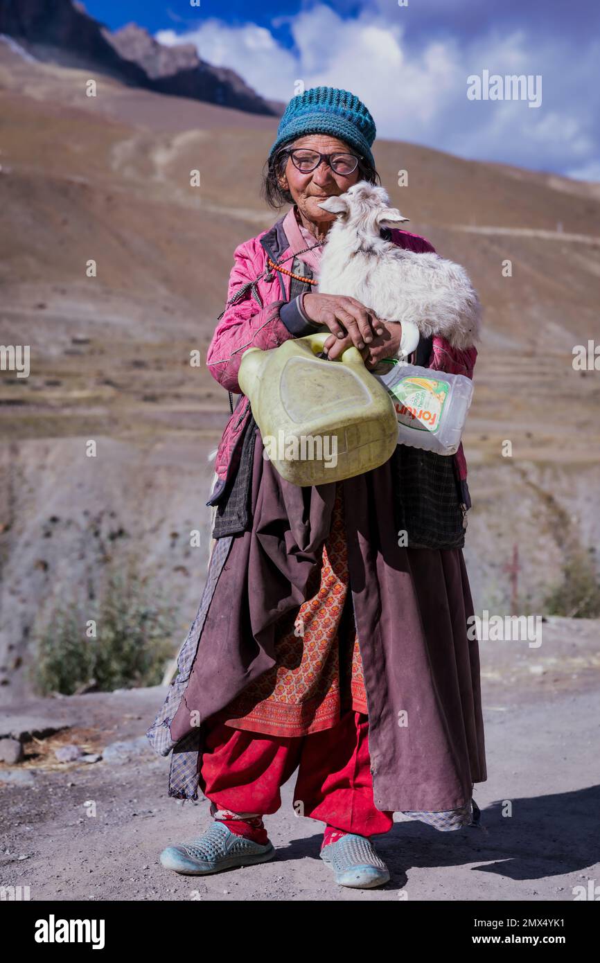 Femme avec à la chèvre, Photoksar, Ladakh, Inde Banque D'Images