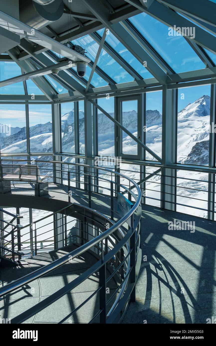 Intérieur architectural en verre et en métal avec ombres et vue alpine enneigée - verticale Banque D'Images