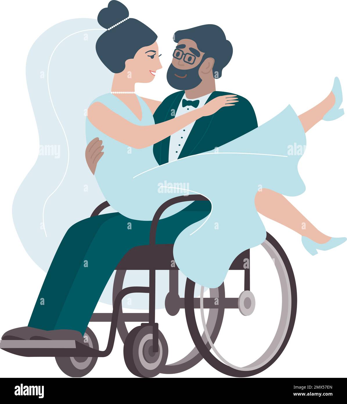 Couple à la célébration de mariage. Marié handicapé en fauteuil roulant portant sa mariée sur ses genoux. Jeune famille heureuse. Homme positif avec des besoins spéciaux en wh Illustration de Vecteur