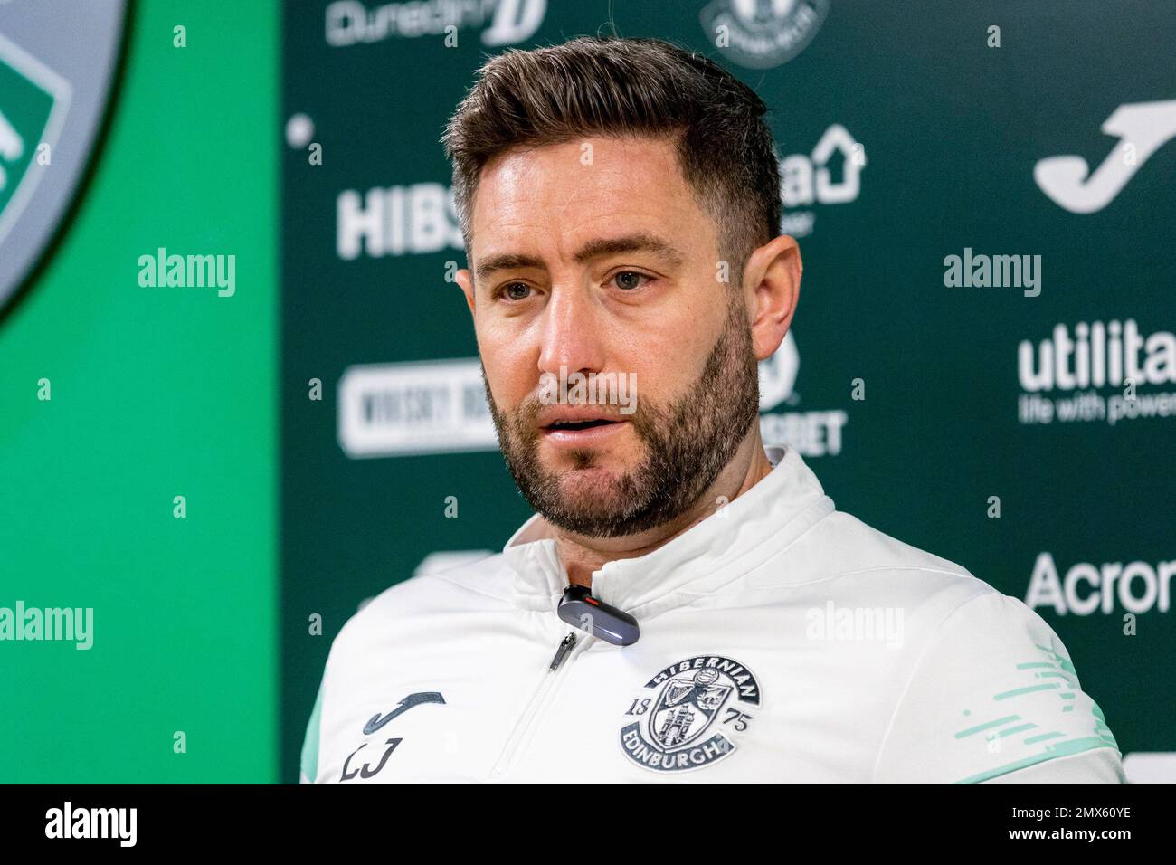 Édimbourg, Écosse. 02/02/2023, Lee Johnson, directeur de Hibernian, parle lors de la conférence de presse Hibernian au centre de formation Hibernian avant le voyage face à St Mirren photo: Alan Rennie Banque D'Images