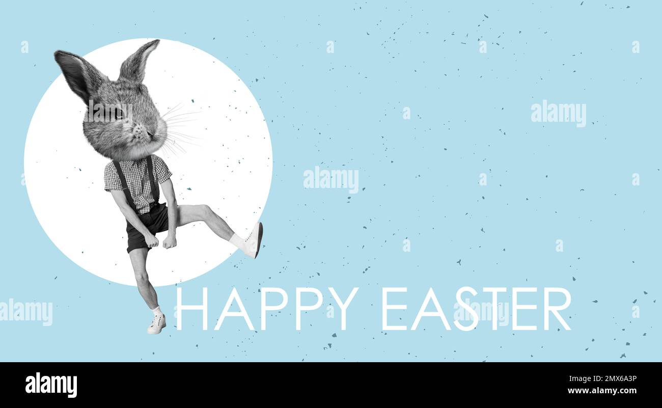 Lapin, tête de lapin sur le corps masculin sautant, dansant. Design créatif sur fond bleu. Joyeuses Pâques Banque D'Images