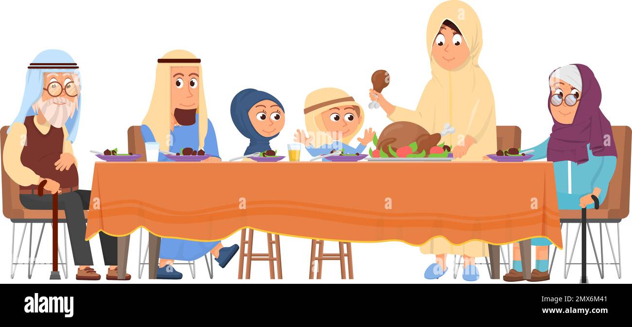 Dîner familial islamique. Des personnes de génération différente ensemble Illustration de Vecteur