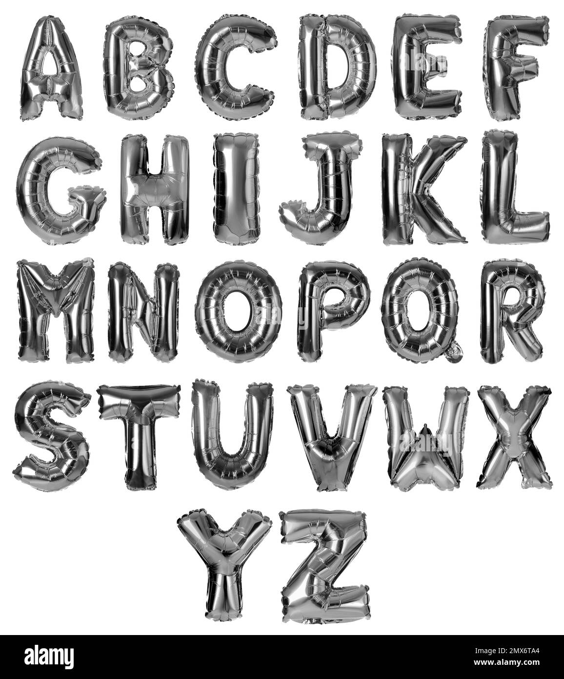 Ensemble avec ballons argentés en forme de lettres sur fond blanc Banque D'Images
