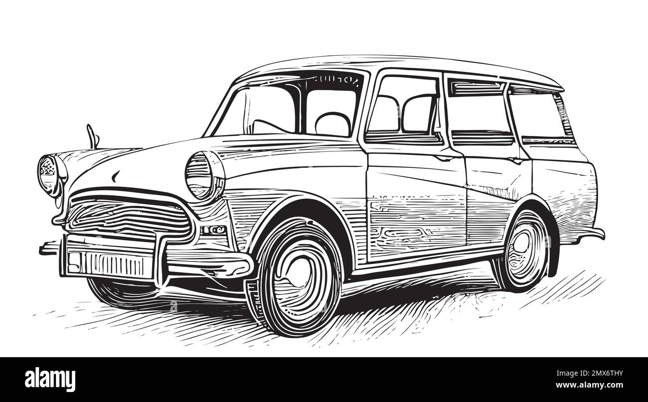 Illustration d'un croquis de voiture rétro dessiné à la main Illustration de Vecteur