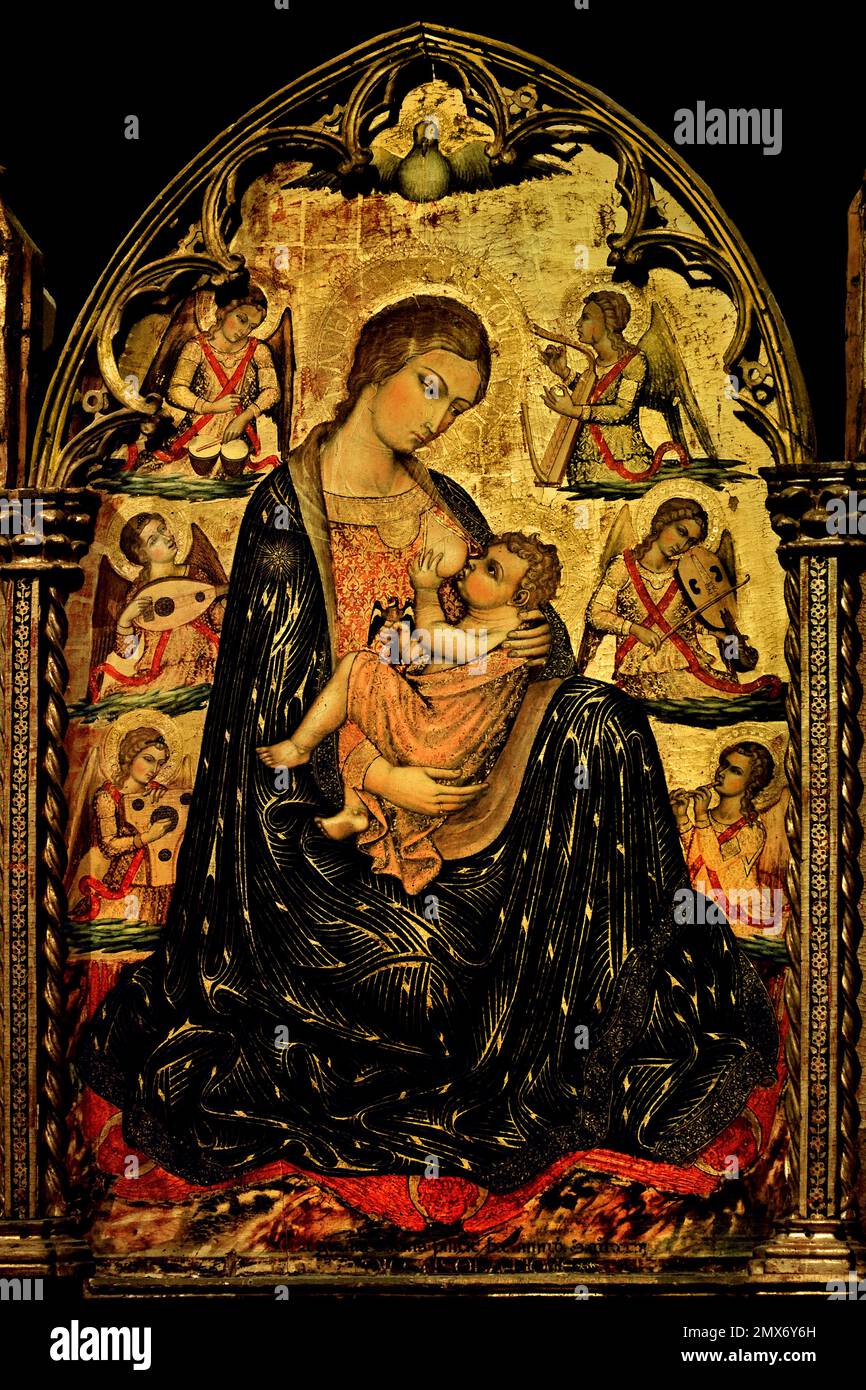 La Madonna de l'humilité 1423 par Gregorio di Cecco, ( Madonna allaitant l'enfant entouré par des anges musiciens. ) Le retable, que Duccio a peint de 1308 à 1311, Cathédrale métropolitaine de Sainte Marie de l'Assomption - Duomo di Siena, 1215 et 1348, 13th siècle, Toscane, Italie, Italien, gothique, roman, classique. ( Duccio di Buoninsegna, 1255–1260 mort 1318–1319 ) Banque D'Images