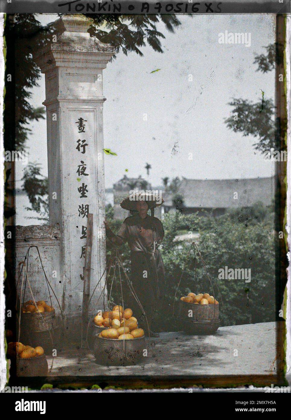 Hà-Nôi, Tonkin, Indochina une femme d'Annamite entourée de paniers de fruits (ou légumes), pose pour le photographe près d'un portique dans le temple Ngoc-so 'N , Léon occupé à Indochine Banque D'Images