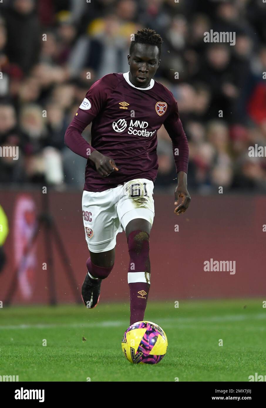 Édimbourg, Écosse, le 1st février 2023. Garang Kuol de Hearts lors du match Cinch Premiership au parc Tynecastle, Édimbourg. Le crédit photo devrait se lire: Neil Hanna / Sportimage Banque D'Images