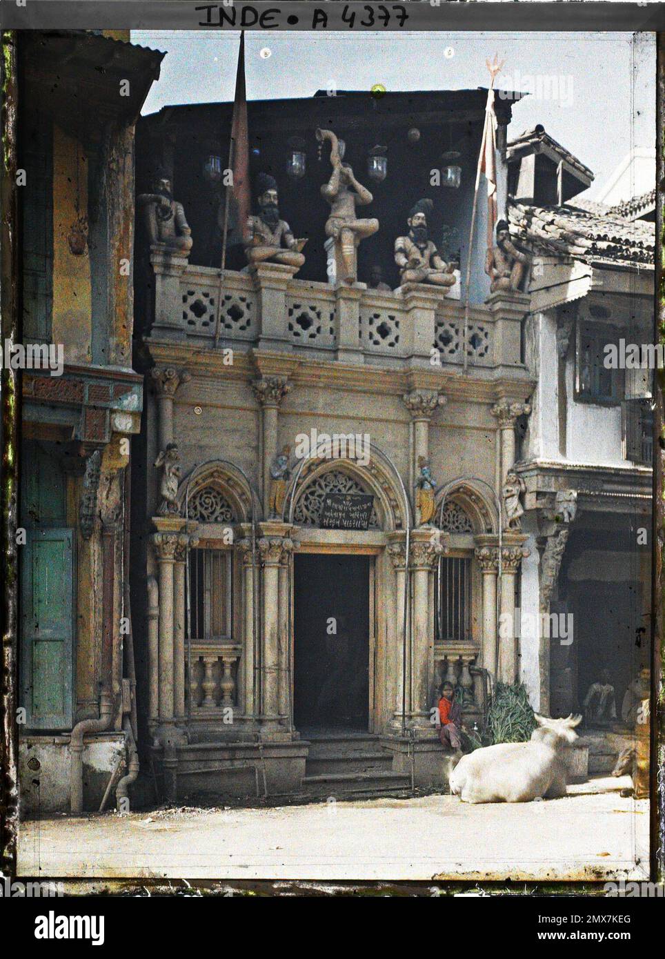 Bombay, Inde façade d'une école religieuse hindoue et vache sacrée , 1913-1914 - Inde, Pakistan - Stéphane Passet - (16 décembre -29 janvier) Banque D'Images