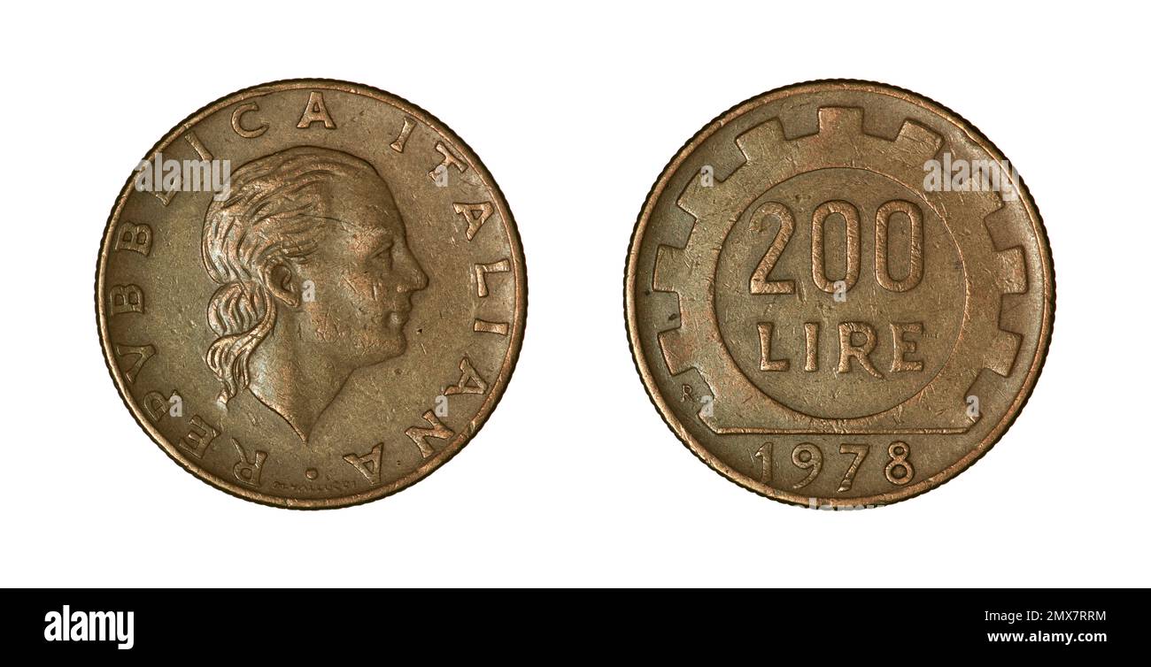 Les deux côtés de la pièce de monnaie italienne lire 200 (1978) avec une tête de femme avec de longs cheveux bouclés sur l'arrière et un pignon carré sur l'arrière. Banque D'Images