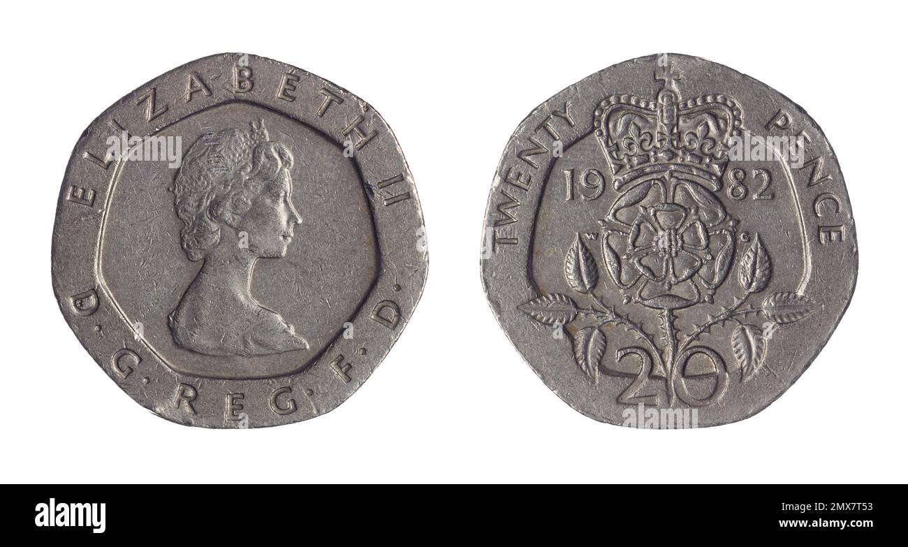 Les deux côtés de la pièce de pence britannique de 20 (1982) avec le portrait de la reine Elizabeth II sur l'envers et couronné Tudor a levé au dos. Banque D'Images