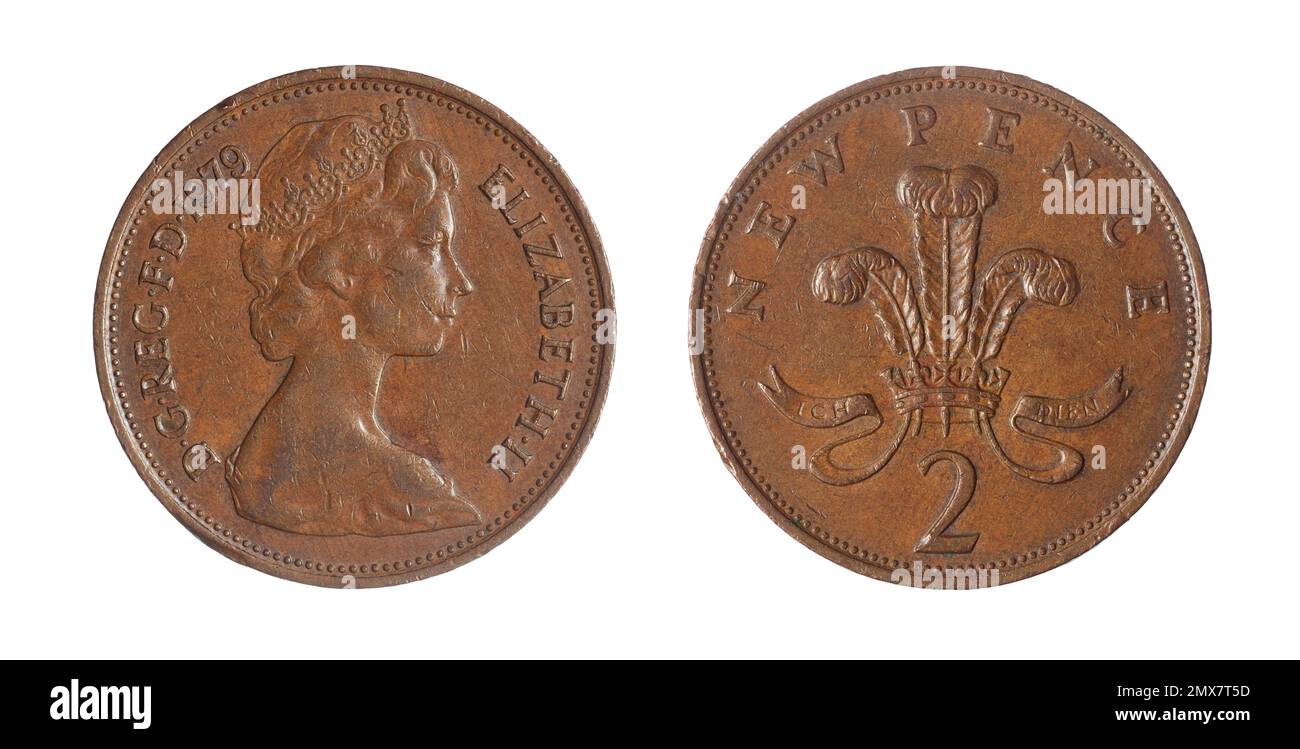 Les deux côtés de la pièce de monnaie de nouvelle pence britannique de 2 (1979) avec le portrait couronné de la reine Elizabeth II, portant les filles de Grande-Bretagne et d'Irlande tia Banque D'Images