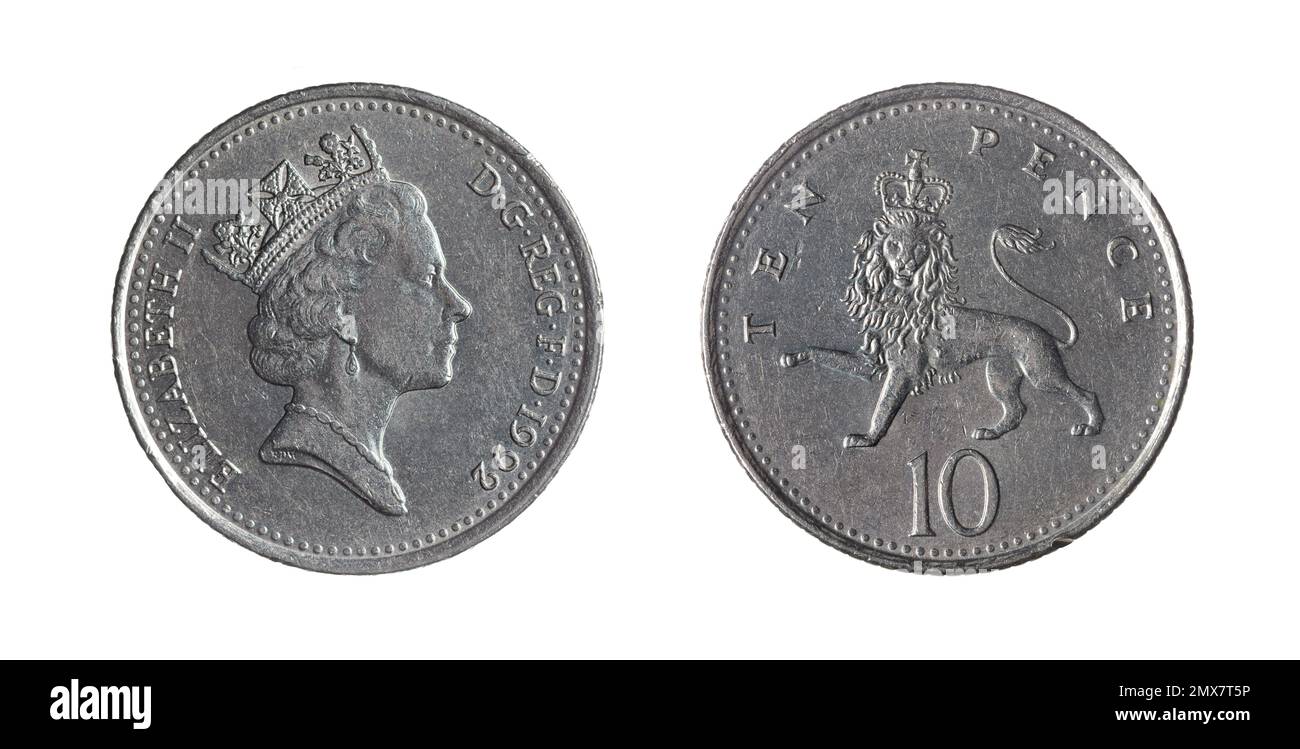 Les deux côtés de la pièce de pence britannique de 10 (1992) avec le portrait couronné de la reine Elizabeth II, portant le Diadem d'État de George IV. Banque D'Images