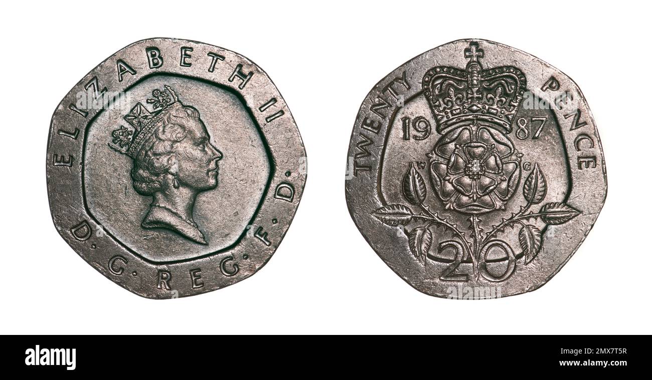 Les deux côtés de la pièce de pence britannique de 20 (1987) avec le portrait couronné de la reine Elizabeth II et le couronné Tudor a levé au dos. Banque D'Images