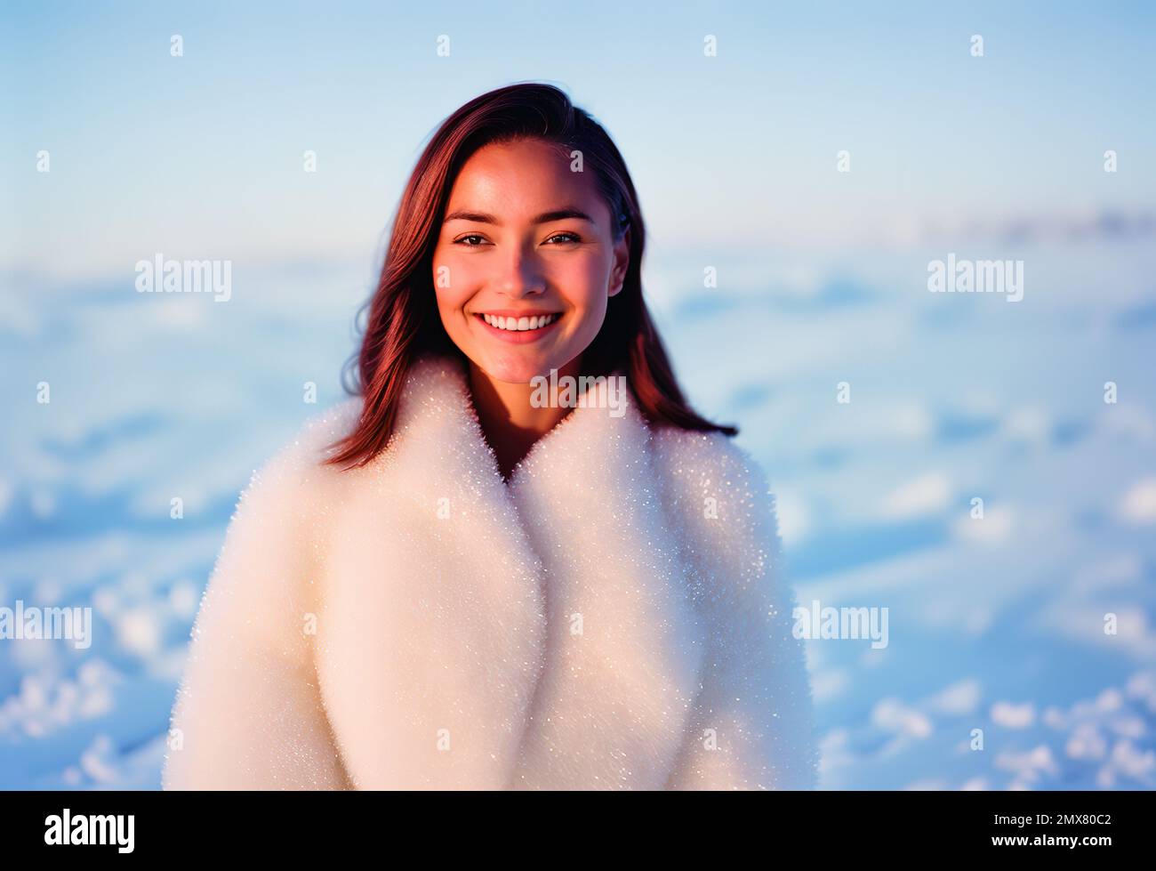 Illustration de l'IA générative d'une jeune femme souriante en manteau de fourrure regardant l'appareil photo tout en se tenant contre le terrain enneigé pendant le coucher du soleil Banque D'Images