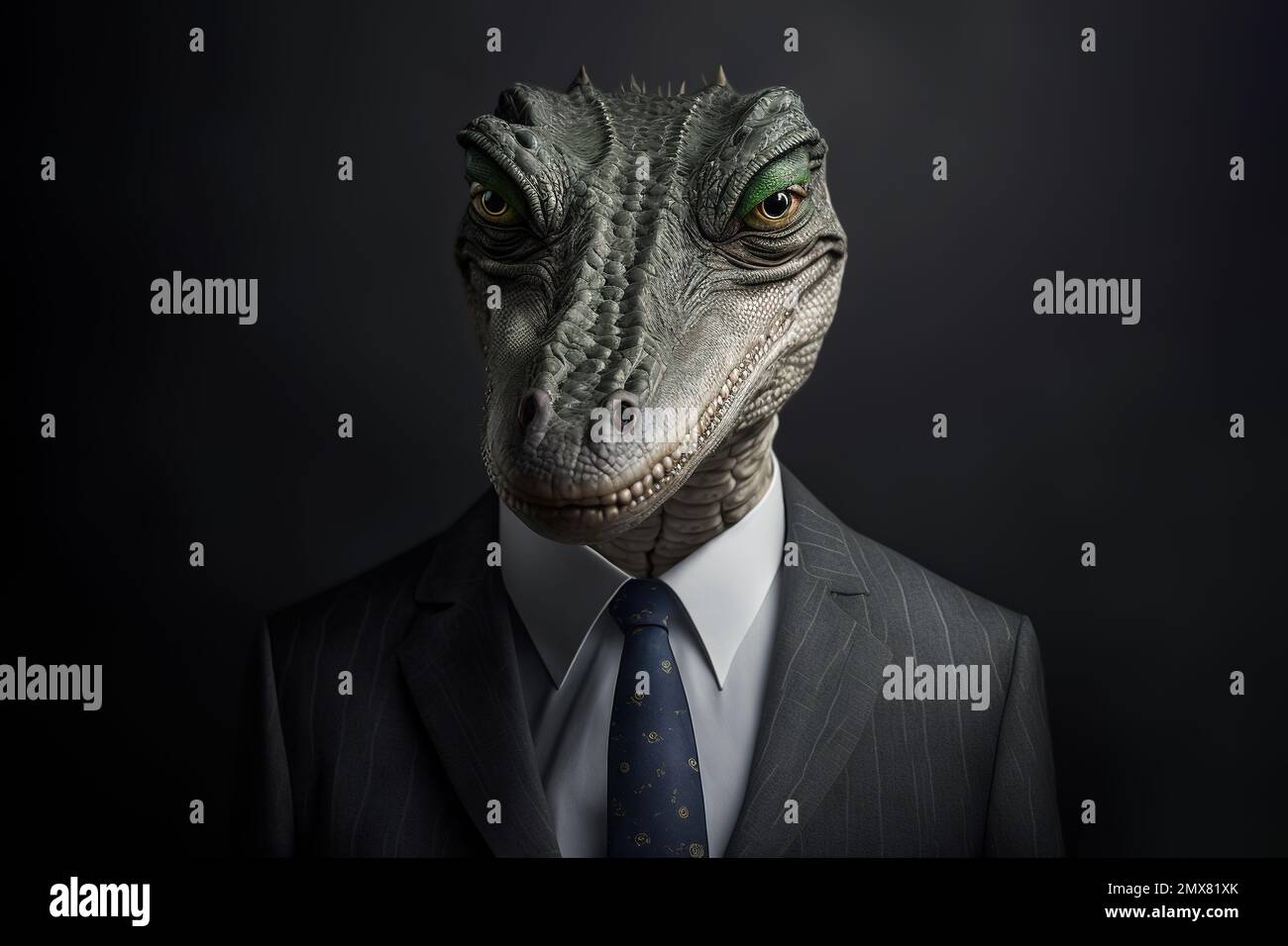 Illustration de l'IA générative Portrait anthropomorphique d'un crocodile méchant vieilli dans une chemise blanche marron et cravate debout contre un arrière-plan noir Banque D'Images