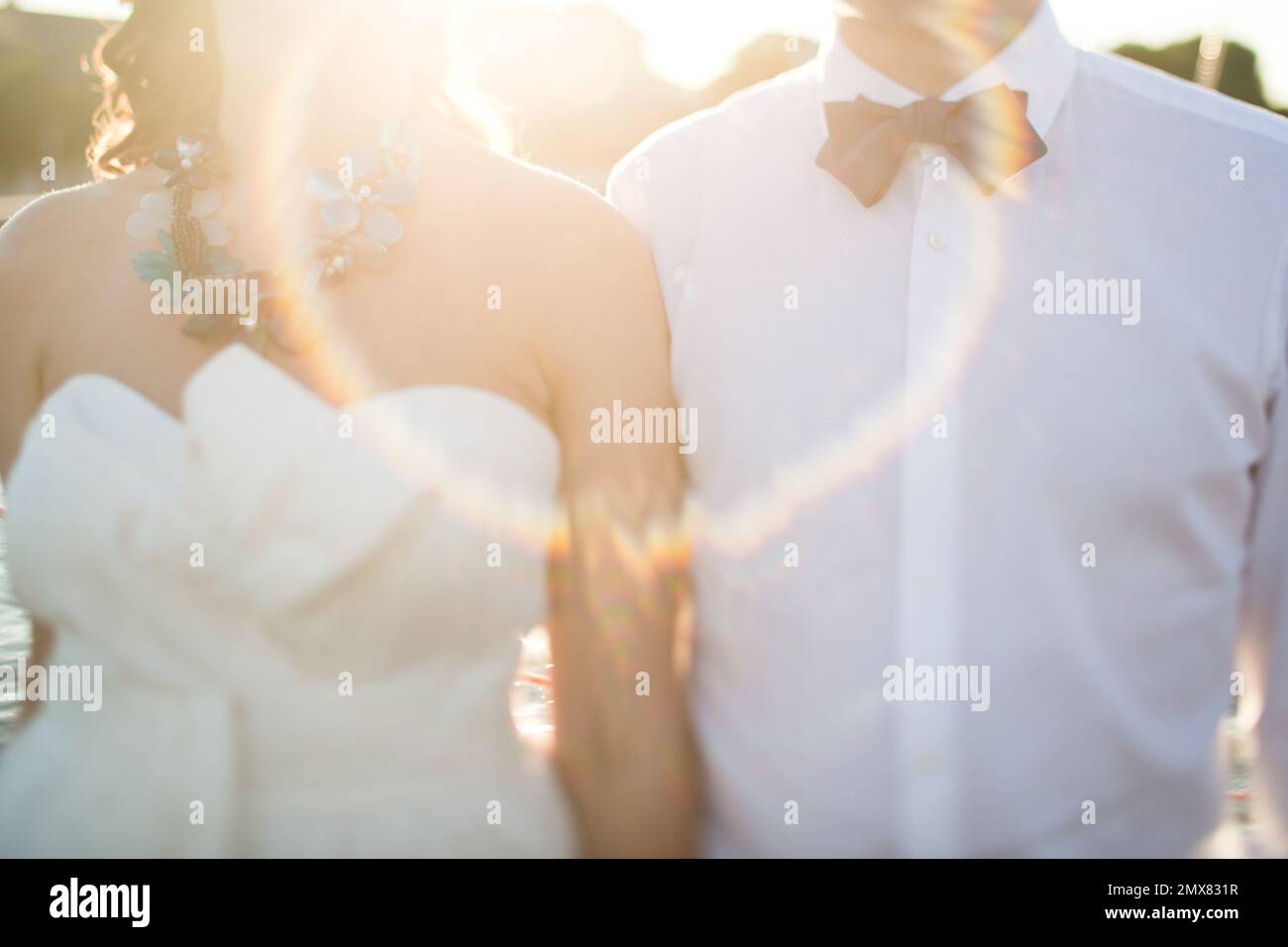 Mariée et marié non reconnaissables dans des tenues de mariage élégantes debout ensemble pendant la cérémonie le jour ensoleillé Banque D'Images