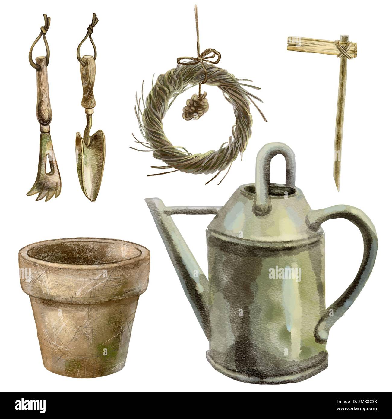 Illustration d'un ensemble avec outils de jardinage. Illustration de haute qualité Banque D'Images