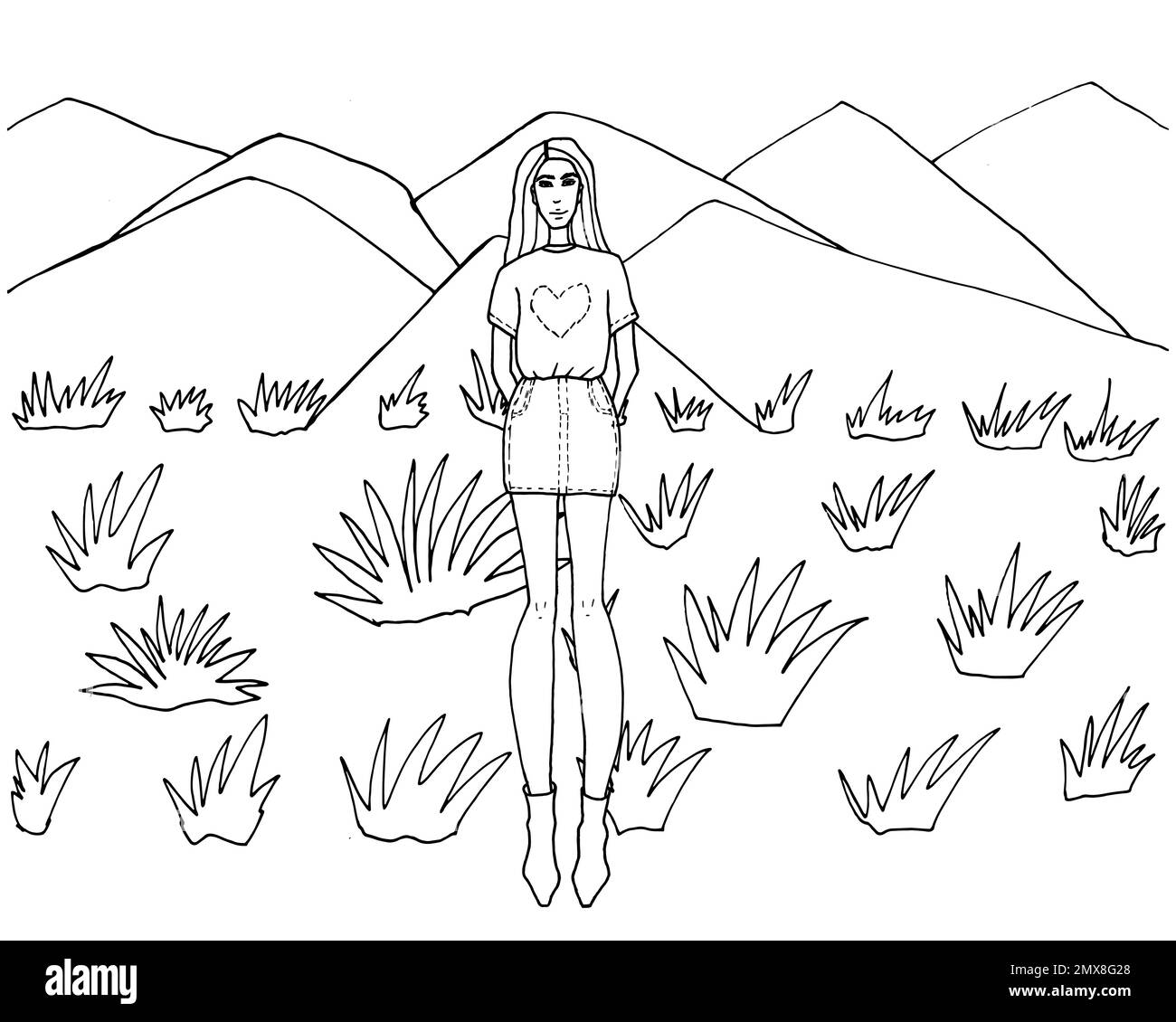 Jolie page de coloriage de mode avec grande fille Illustration de Vecteur