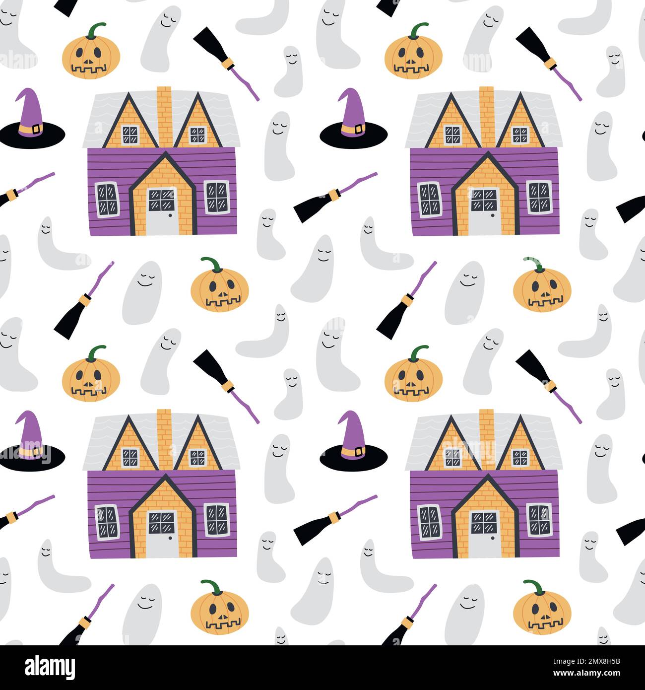 Maisons de campagne mignonnes et motif Halloween fantôme Illustration de Vecteur