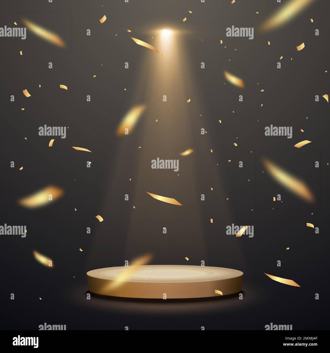 Confettis d'or avec podium et spots. Fond vectoriel avec confetti. Illustration de Vecteur