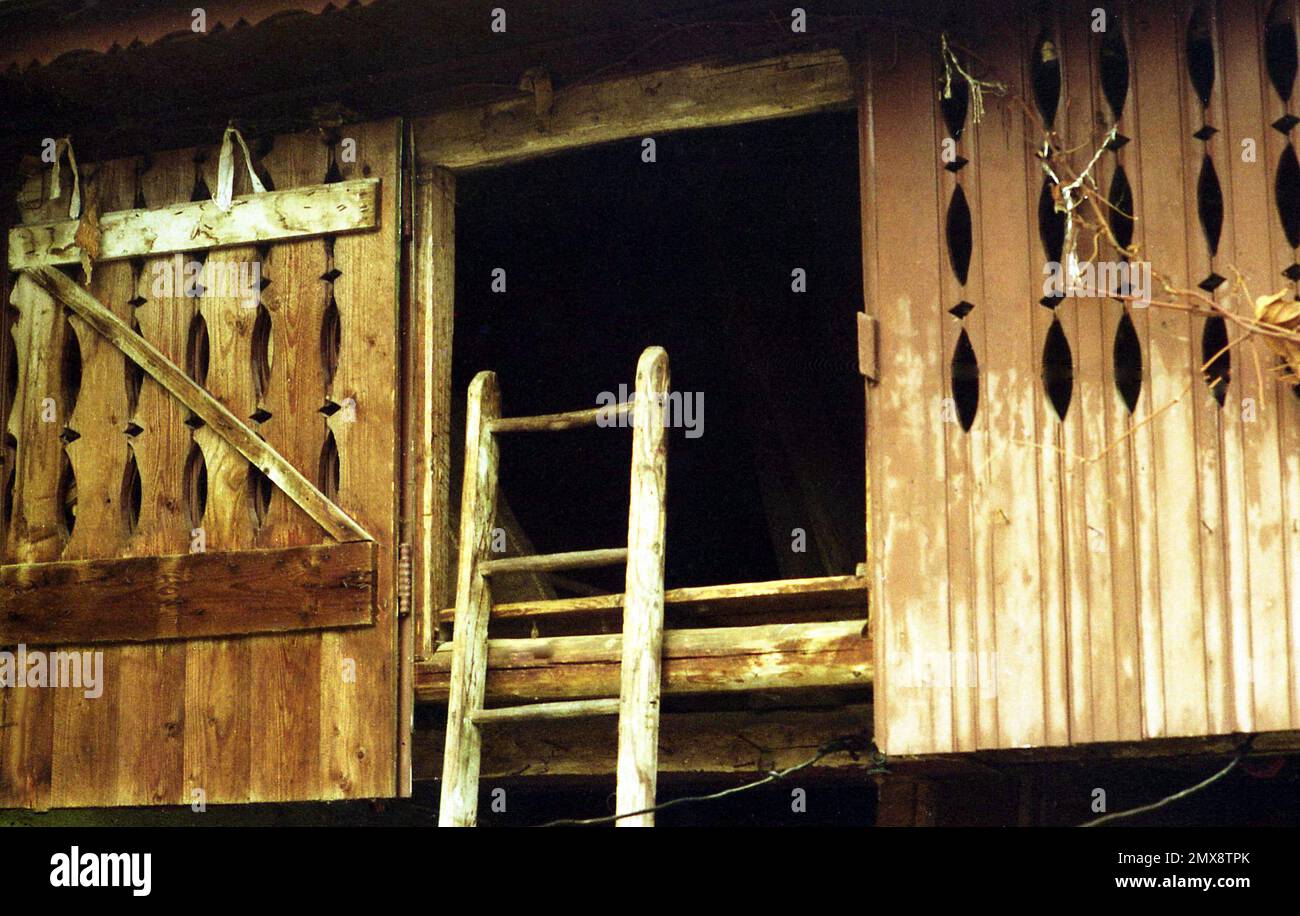 Sibiu Comté, Roumanie, environ 1999. Échelle et porte d'un grenier de foin de grange. Banque D'Images