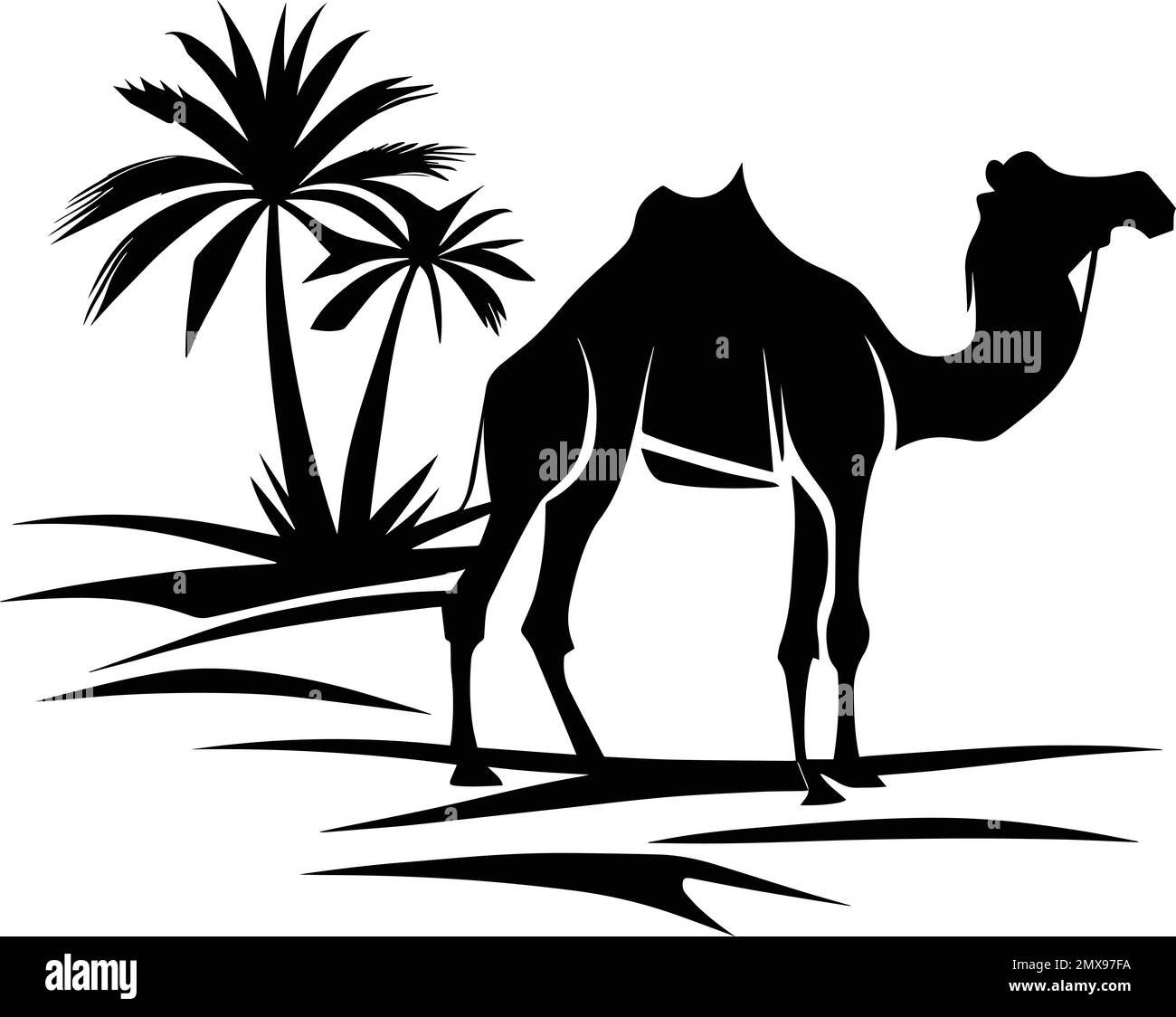 Chameau dans le désert près du logo Palm Tree Illustration de Vecteur