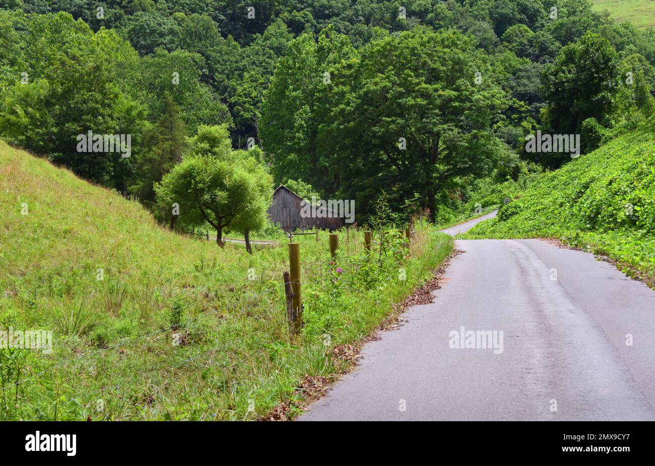 La grange en bois abandonnée se trouve dans la courbe d'une route de campagne étroite dans les Appalaches. Route rustiques de clôture. Banque D'Images