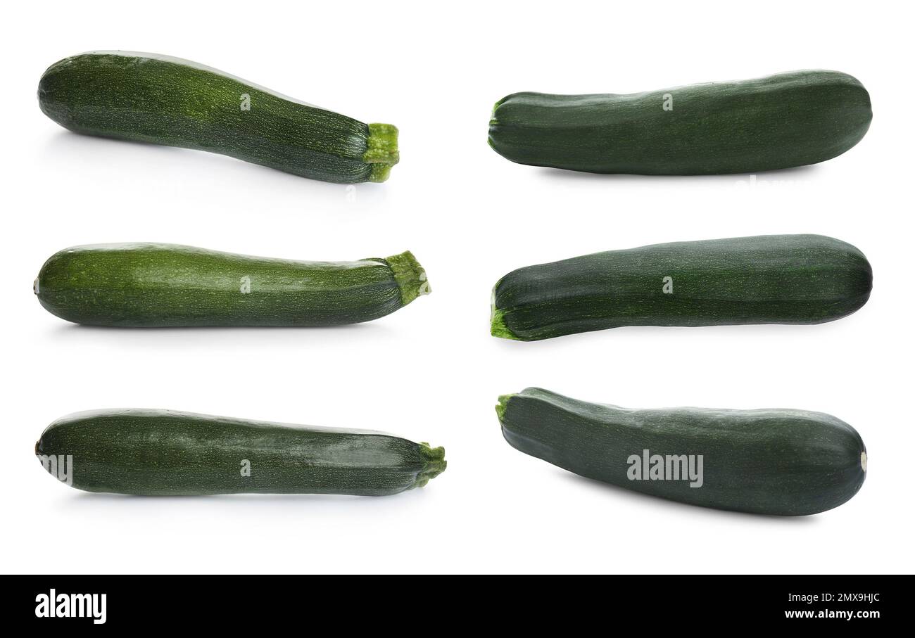Ensemble de courgettes fraîches mûres sur fond blanc Banque D'Images
