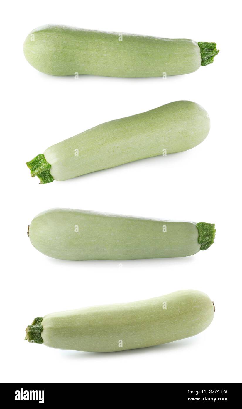 Ensemble de courgettes fraîches mûres sur fond blanc Banque D'Images