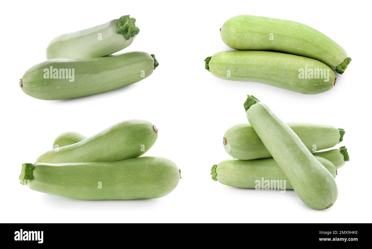 Ensemble de courgettes fraîches mûres sur fond blanc Banque D'Images