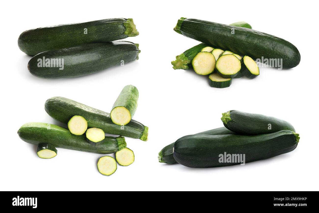 Ensemble de courgettes fraîches mûres sur fond blanc Banque D'Images