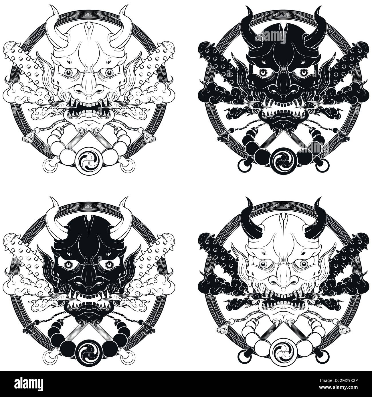 Hannya mask vector design, japonaise Oni Daemon avec kanabo et symbole tomoe Illustration de Vecteur