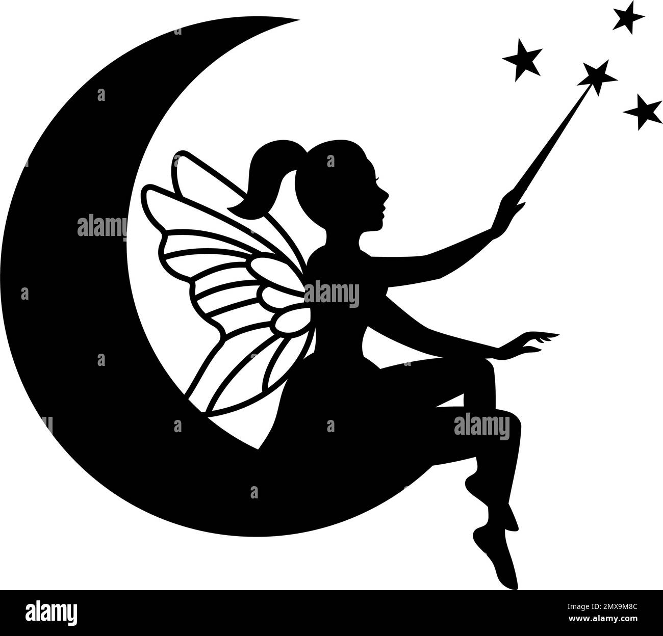 Fée assise sur la silhouette de lune. Petite créature avec ailes. Logo de créature magique. Personnage de conte mythique en robe Illustration de Vecteur
