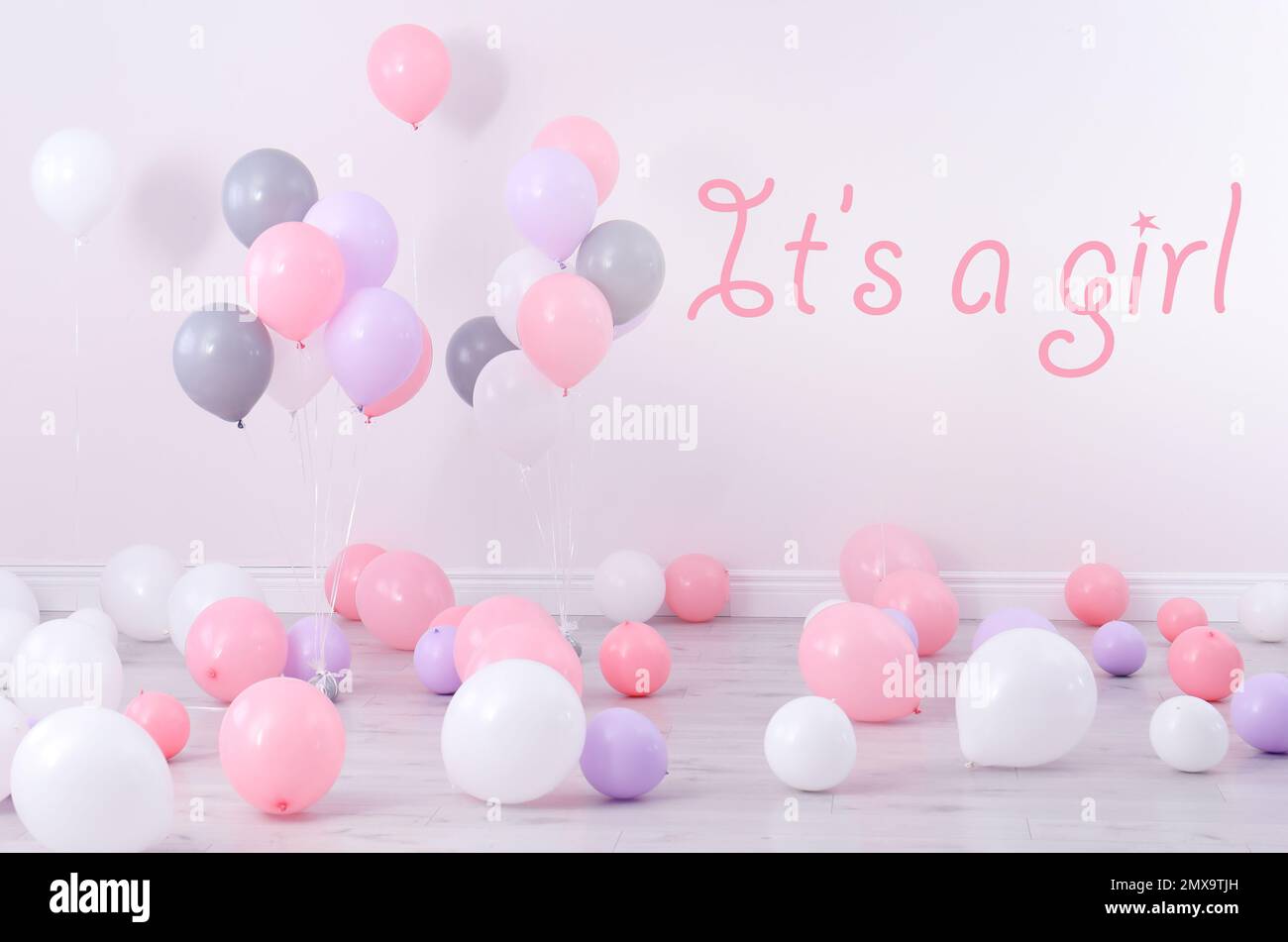 Fête de douche de bébé pour fille. Chambre décorée avec des ballons Banque D'Images