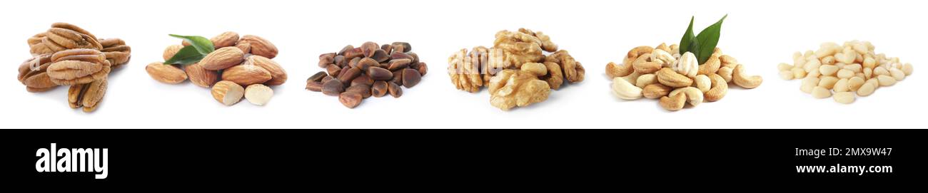 Jeu de différents écrous sur fond blanc. Bannière Banque D'Images