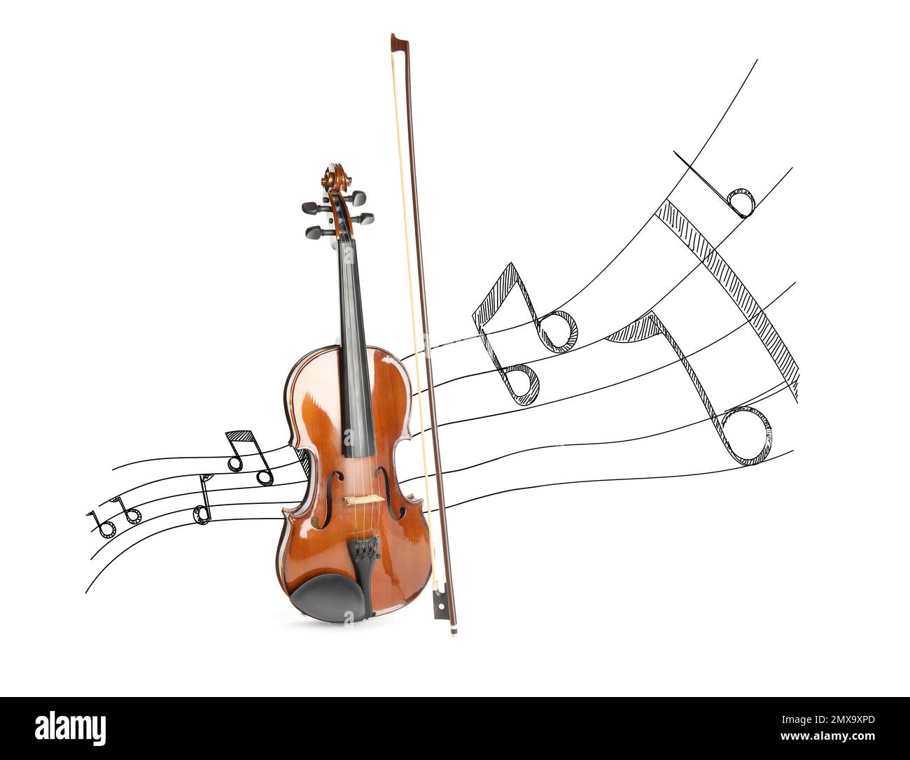 Violon classique avec arc et notes de musique sur fond blanc Banque D'Images