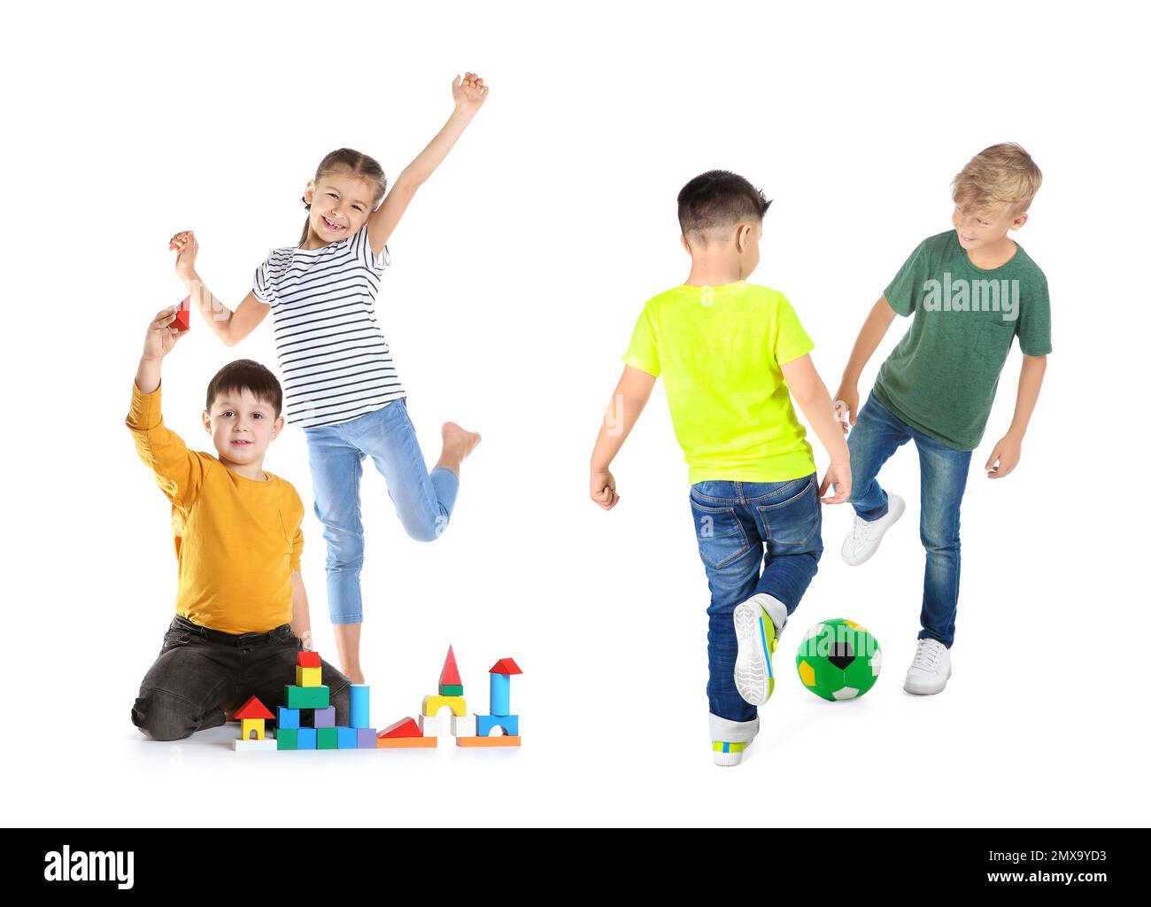 Collage de petits enfants adorables jouant sur fond blanc Banque D'Images
