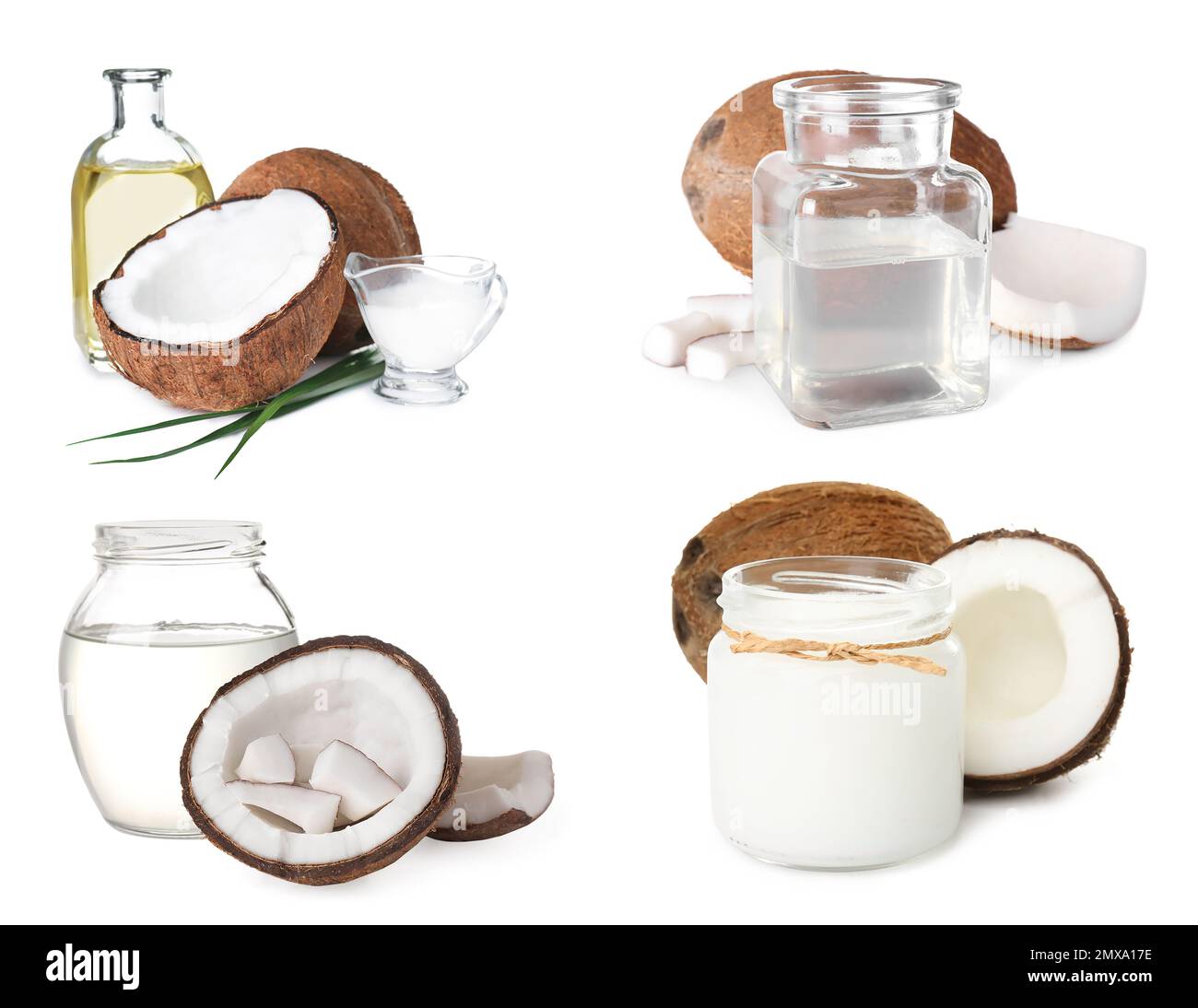 Ensemble de noix de coco et d'huile de cuisson biologique sur fond blanc Banque D'Images