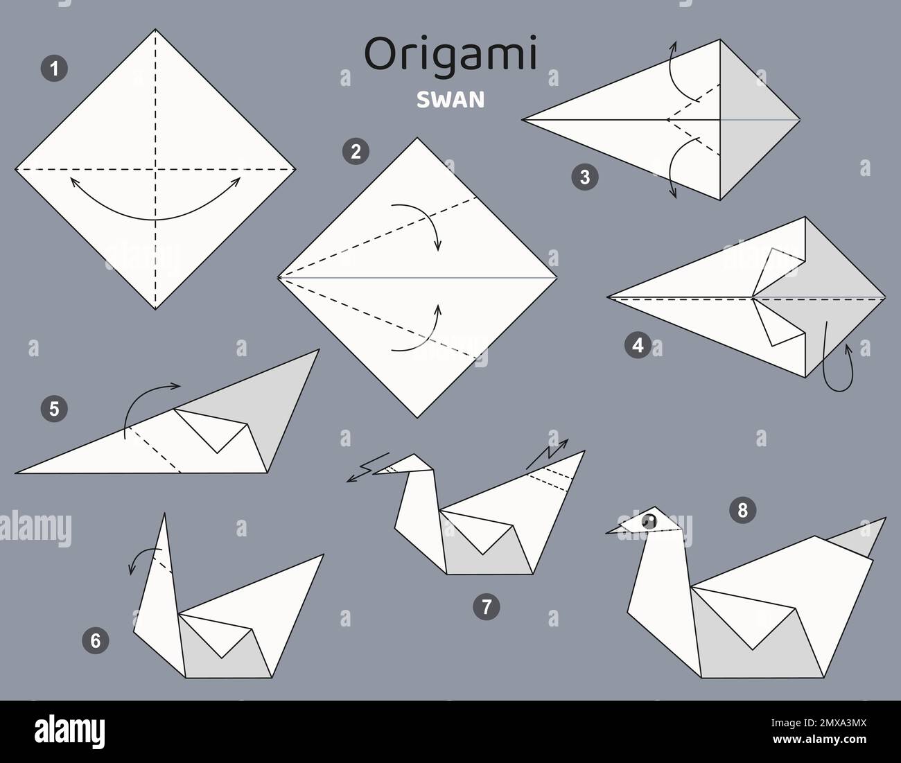 Tutoriel Origami. Jeu d'origami Swan pour enfants . Illustration de Vecteur